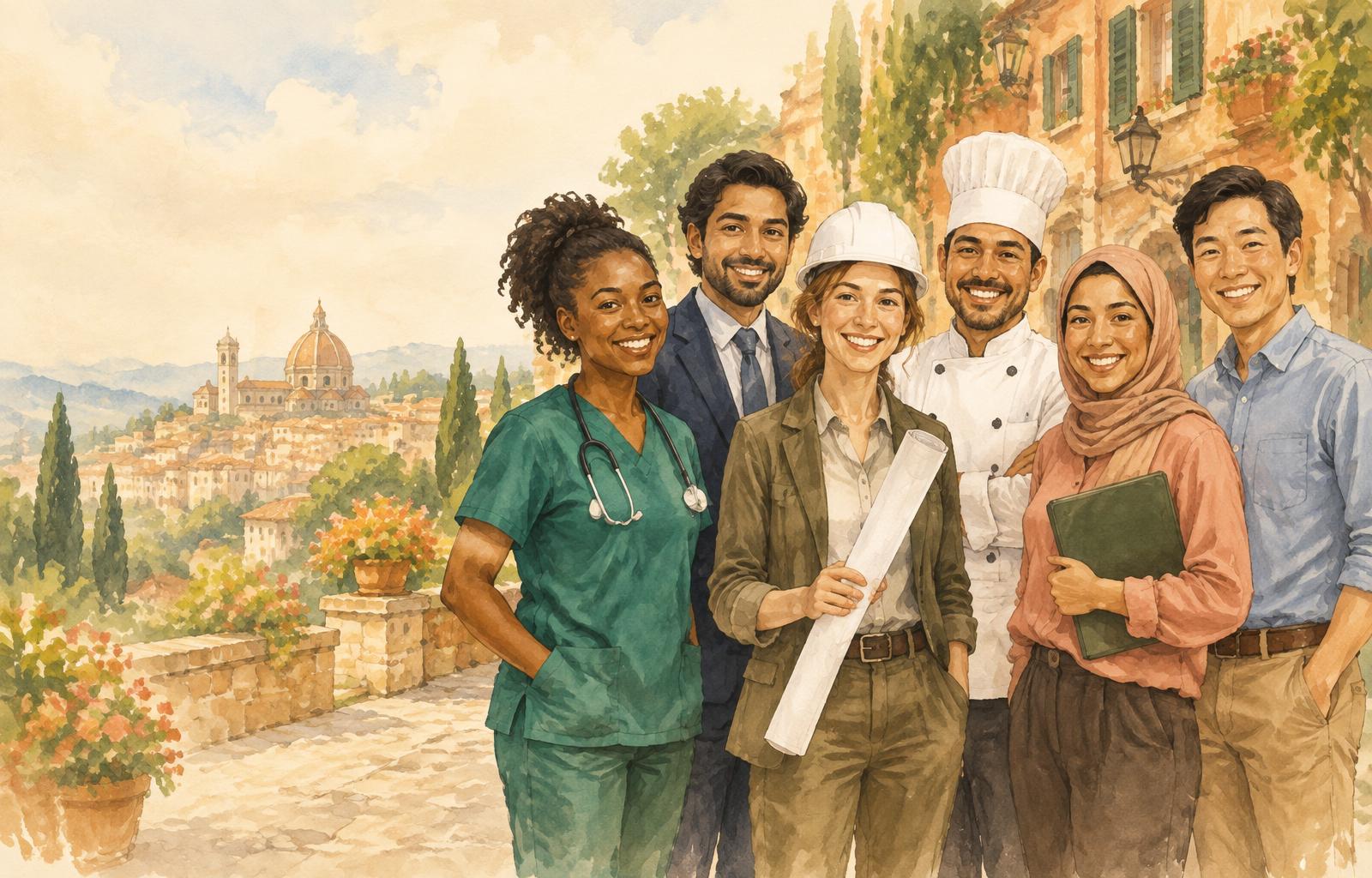 A diverse illustrated group of international professionals smiling together