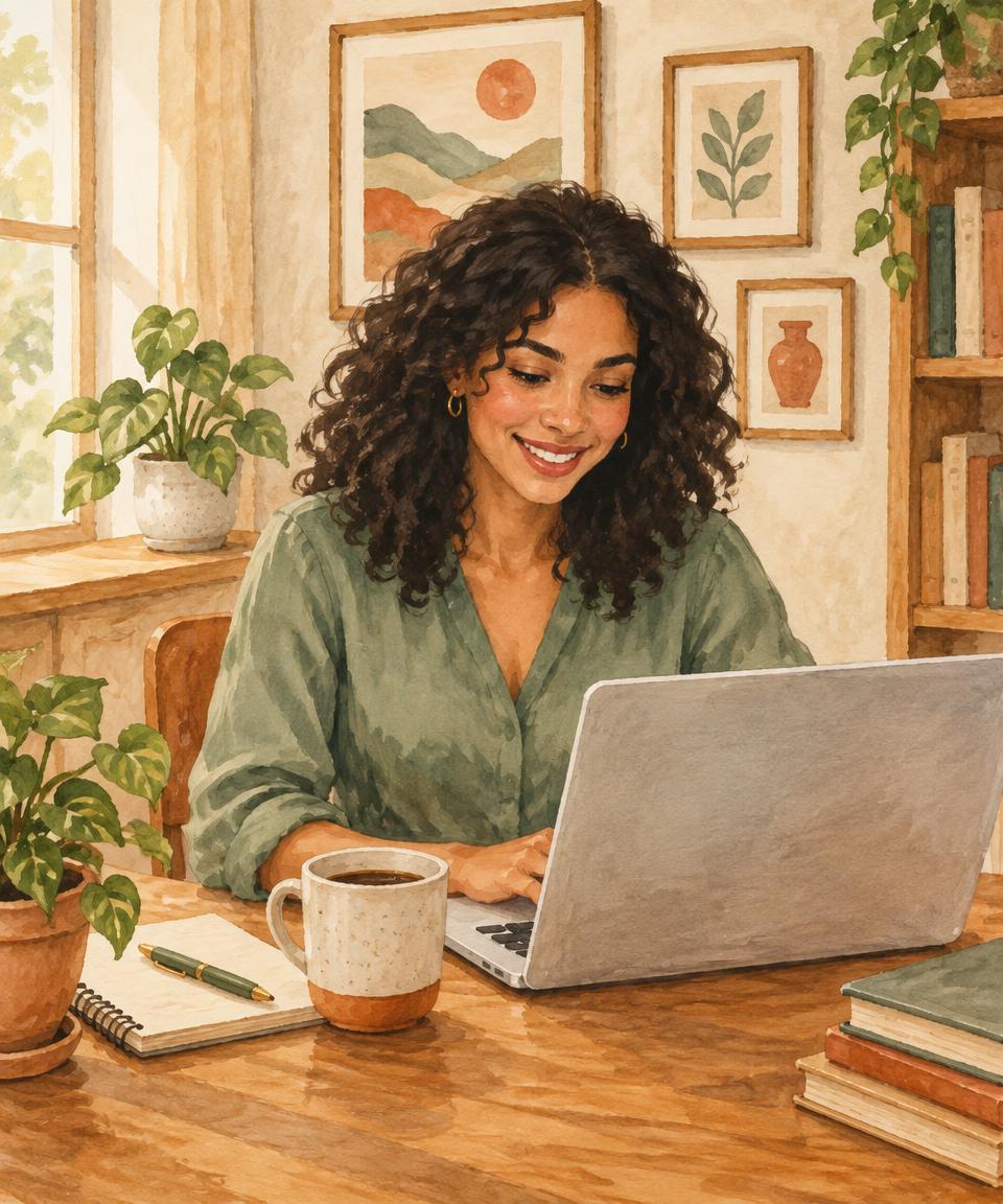 Illustrated professional using SponsorPath at her desk